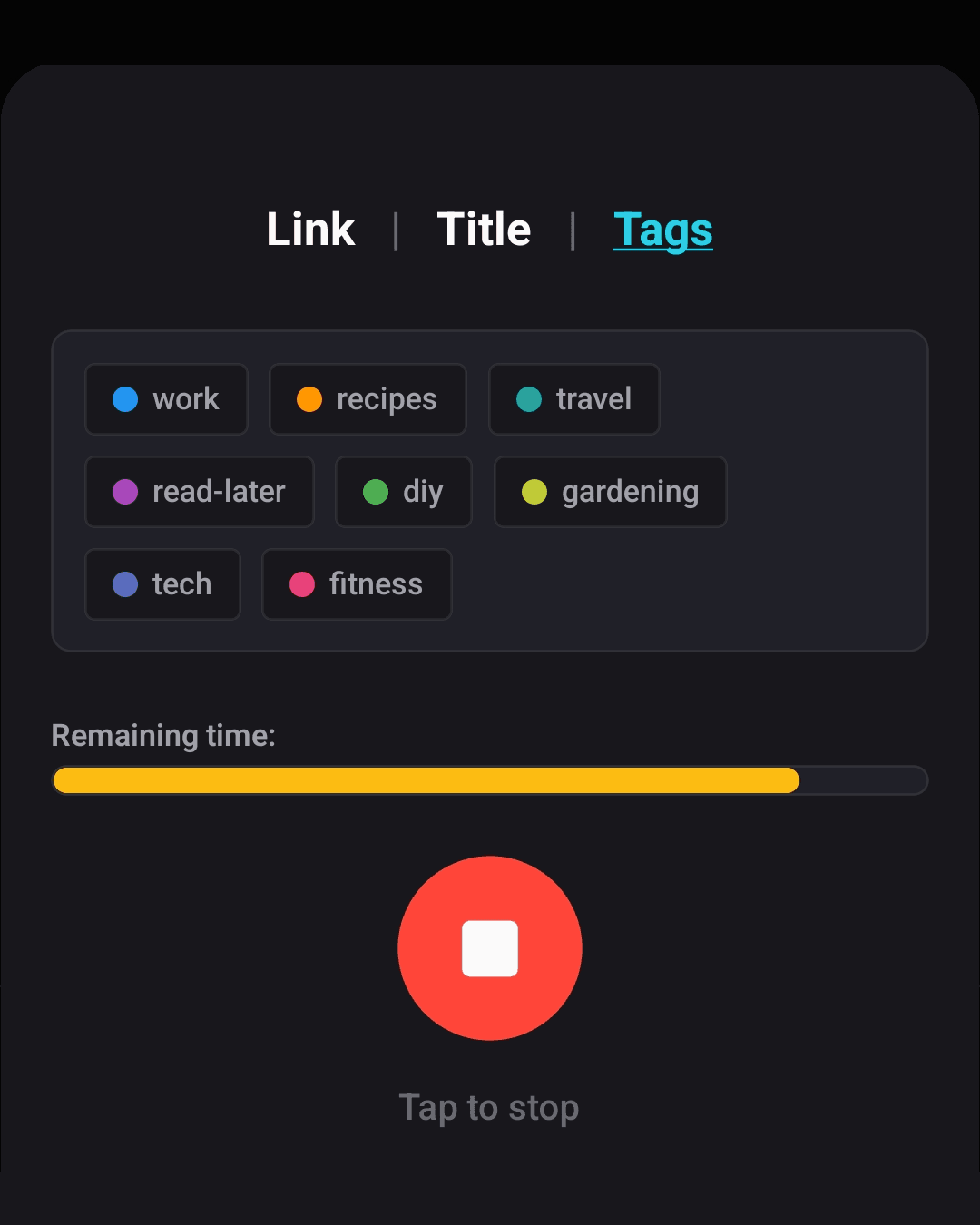 The add-link screen with title, tags, and the voice and QR buttons in the footer bar