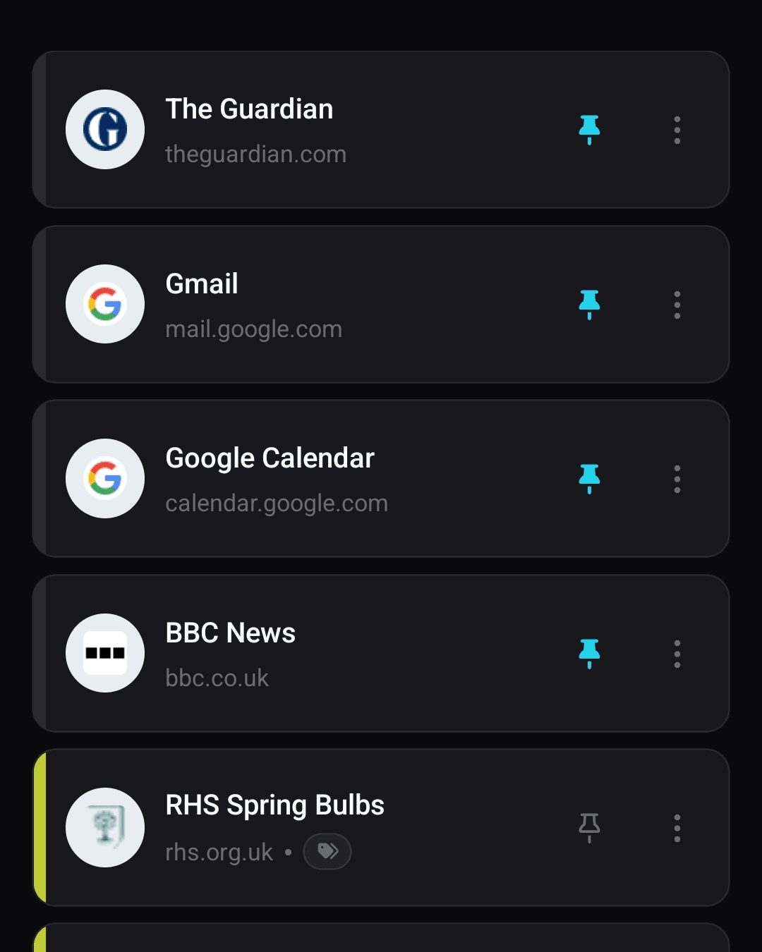 The Bookmarkz home list, with pinned links such as The Guardian and Gmail held at the top