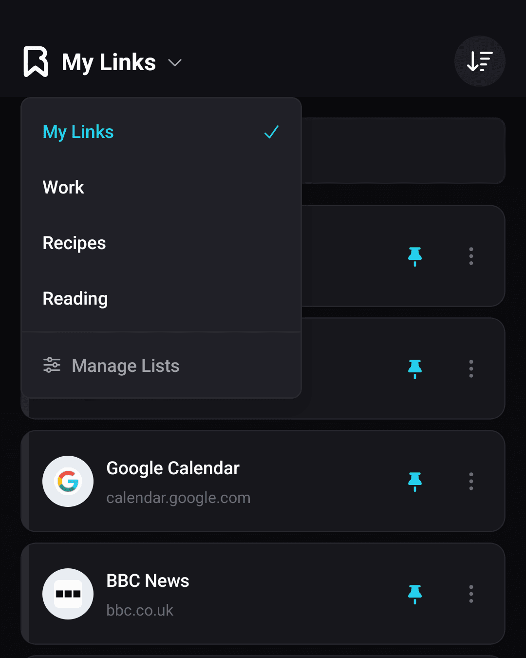 The list switcher showing separate lists with custom names