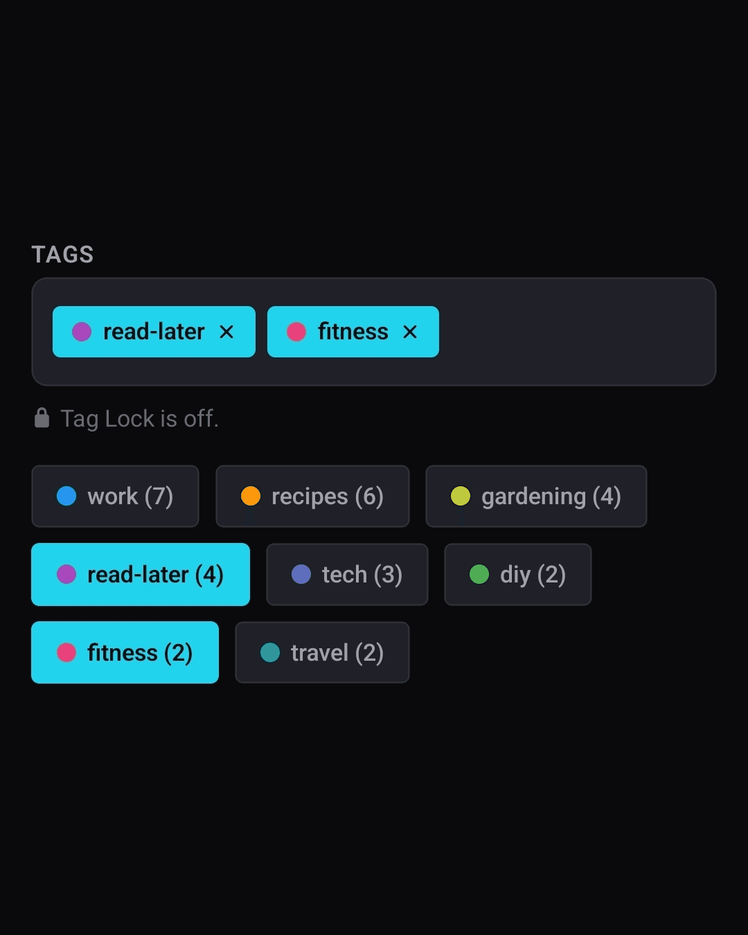 The tags editor showing colour-coded tags with usage counts, such as work, recipes, and read-later